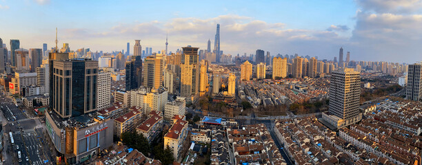 Panorama view of the city of a sunset over Shanghai with the Liujiazui area of Pudong on the horizon