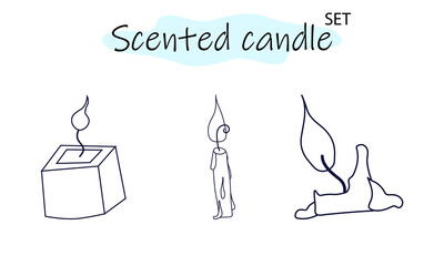 A set of scented candles with a burning fire. Candles for interior, lighting and romantic dates. Aromatherapy. Vector illustration in linear design on a white background.