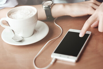 Business woman hands with smart phone and cup of coffee. For Graphic display montage.