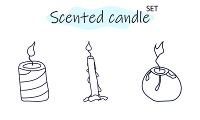 A set of scented candles with a burning fire. Candles for interior, lighting and romantic dates. Aromatherapy. Vector illustration in linear design on a white background.