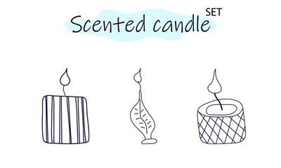 A set of scented candles with a burning fire. Candles for interior, lighting and romantic dates. Aromatherapy. Vector illustration in linear design on a white background.