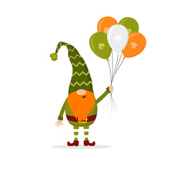 St. Patrick day gnome. Cute leprechaun with balloons. Vector illustration in flat cartoon style. Hand drawn element for irish holiday.