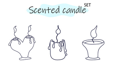 A set of scented candles with a burning fire. Candles for interior, lighting and romantic dates. Aromatherapy. Vector illustration in linear design on a white background.