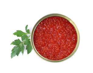 Open tin can of delicious red caviar and parsley on white background, top view