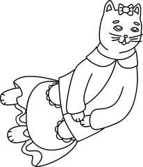 The black contour of a cat flying through the sky in a 
dress and a short coat. Coloring. Vector illustration