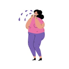 Crying fat woman. Quotes Fat, hay you. Body shaming and bulling. Depression due to a large physique. Girl covering her face with palms. Isolated. Flat style in vector illustration.