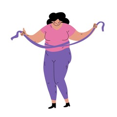 Fototapeta na wymiar Woman measuring her waist with a tape measure. Body positive or shaming. Proud for large physique. Isolated. Flat style in vector illustration.