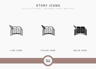 Story icons set vector illustration with solid icon line style. Journalist text publication concept. Editable stroke icon on isolated background for web design, user interface, and mobile application