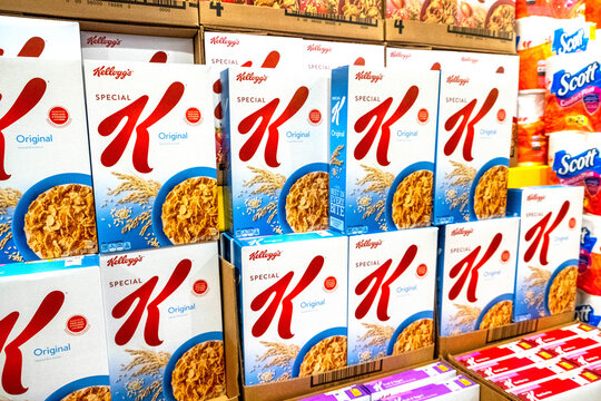 Los Angeles, CA, USA August 9th, 2019 Pile of Kellogg's Special K Brand cereals in a supermarket aisle