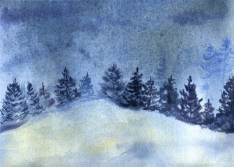 Landscape with misty winter forest and mountains. Watercolor illustration. Oriental painting