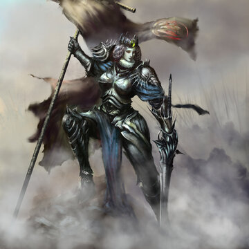 A beautiful princess on the battlefield in spiked armor, holding the flag of her kingdom, she is shrouded in fog, an army stands behind her. digital drawing style, 2D illustration.