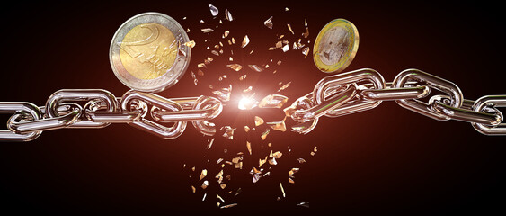 chain  breaking crisis monetary euro  coins 1 2 falling  in the gap isolated - 3d rendeirng - obrazy, fototapety, plakaty