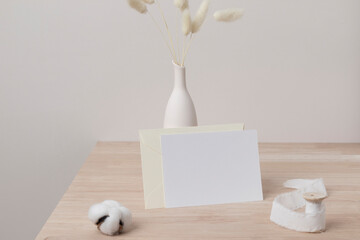Home interior floral decor, pampas grass on table, Front view, blank paper card, Greeting card...