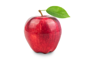 Ripe red apple fruit and green apple leaf isolated on white background.
