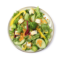 Plate of delicious salad with lentils, vegetables and cheese isolated on white, top view