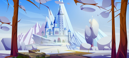 Road to castle on hill with snow and ice peaks. Vector cartoon illustration of winter landscape of fairy tale kingdom with royal palace with towers, mountains, path and bare trees © klyaksun