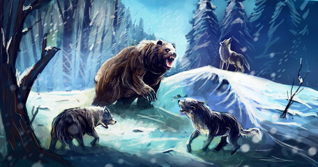 grizzly bear vs wolf pack © vukkostic