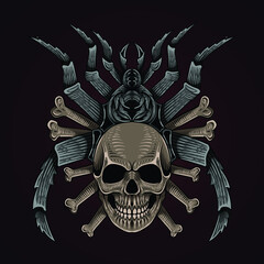 hand drawn skull with spider and bone illustration © artbwx