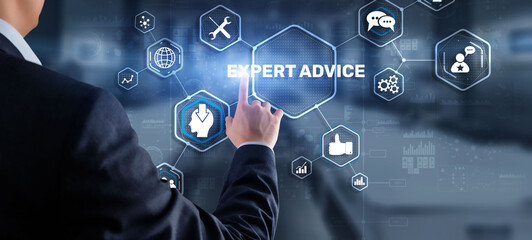 Expert advice. Businessman hand touching inscription on virtual screen