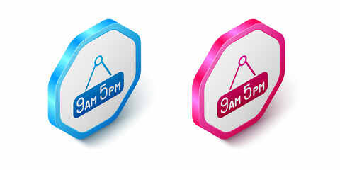 Isometric From 9 to 5 job icon isolated on white background. Concept meaning work time schedule daily routine classic traditional employment. Hexagon button. Vector