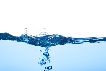 Abstract clean flow ripple surface on liquid. Light blue water wave with air bubbles and a little bit splashed underwater, studio shot isolated on white background