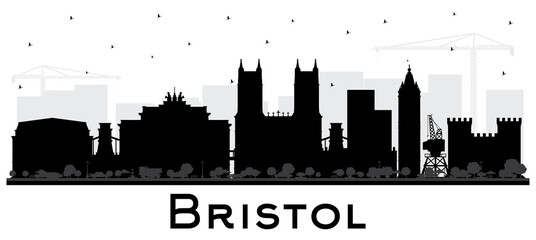 Obraz premium Bristol UK City Skyline Silhouette with Black Buildings Isolated on White.