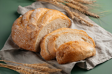 Freshly baked sliced loaf of creamy bread on napkin 