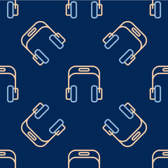 Line Headphones icon isolated seamless pattern on blue background. Earphones. Concept for listening to music, service, communication and operator. Vector