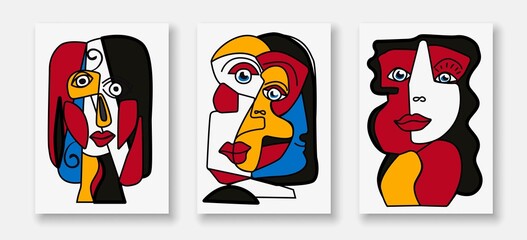 Fototapeta premium Mid Century Modern Wall Art Set of 3 Prints with Abstract Faces. Contemporary Abstract Wall Art Prints. Trendy Modern Wall Poster Collection. Vector EPS 10