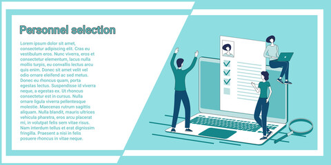 Fototapeta na wymiar Personnel selection.The work of a recruitment agency, people on the background of resumes select staff.Illustration in the style of a green landing page.