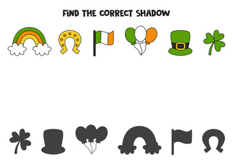Find the correct shadows of cute Saint Patrick day symbols. Logical puzzle for kids.