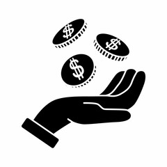 Hand with coins item. Receiving dividends from securities. Cash, payment, shopping. Financial icons. Flat style in vector illustration. Isolated on white background.