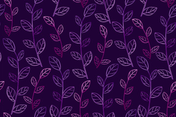 Seamless pattern of watercolor twigs on a purple background.