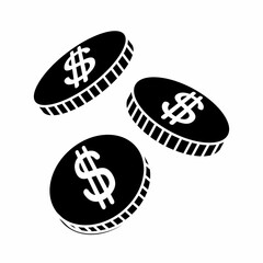 Three coins in different angles. Payment symbols. Cash, coins, exchange, wallet, atm. Financial icons. Flat style in vector illustration. Isolated on white background.