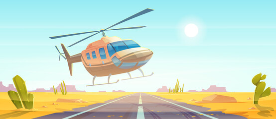 Helicopter landing on empty road at desert nature landscape with yellow sand and cacti. Aviation, air tourism, adventure concept with chopper at Sahara background, Cartoon vector illustration - obrazy, fototapety, plakaty