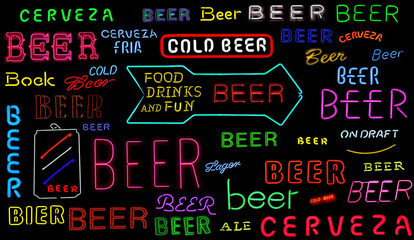 Collection of Vintage Neon Beer Signs on Black Background