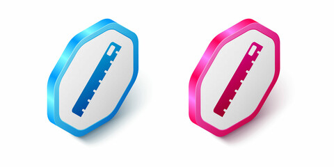 Isometric Ruler icon isolated on white background. Straightedge symbol. Hexagon button. Vector