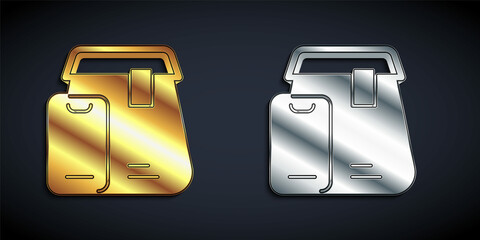 Gold and silver Online ordering and fast food delivery icon isolated on black background. Long shadow style. Vector