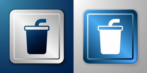 White Paper glass with drinking straw and water icon isolated on blue and grey background. Soda drink glass. Fresh cold beverage symbol. Silver and blue square button. Vector