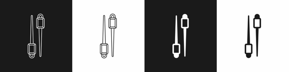 Set Food chopsticks icon isolated on black and white background. Wooden Korean sticks for Asian dishes. Oriental utensils. Vector