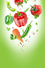 assortment of vegetables  flying on air. Background for packaging and label design