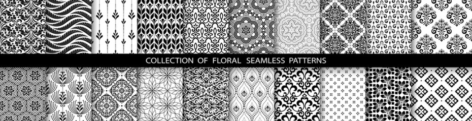 Obraz premium Geometric floral set of seamless patterns. Black and white vector backgrounds. Simple illustrations