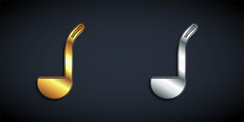 Obraz premium Gold and silver Kitchen ladle icon isolated on black background. Cooking utensil. Cutlery spoon sign. Long shadow style. Vector