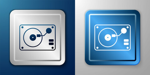 White Vinyl player with a vinyl disk icon isolated on blue and grey background. Silver and blue square button. Vector