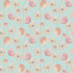 Poppies pink gentle watercolor seamless pattern in Provence style. Boho flowers in delicate coral and beige colors background. Meadow flowers botanical wallpaper. For printing on fabric and packaging	