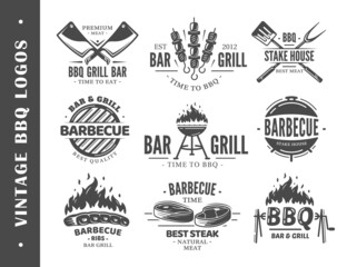 Vintage Barbecue Grill Labels isolated on white background. Set of BBQ Logo Templates for design. Vector illustrations - obrazy, fototapety, plakaty