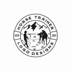 Silhouette of a horse trainer at the foot of the mountains or hills for Badge emblem vintage retro rustic horse training logo design inspiration