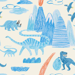 Seamless pattern with funny dinosaurs and mountains