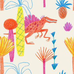 Seamless pattern with funny Spinosaurus dinosaurs