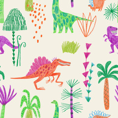 Summer seamless pattern with funny dinosaurs and tropical plants